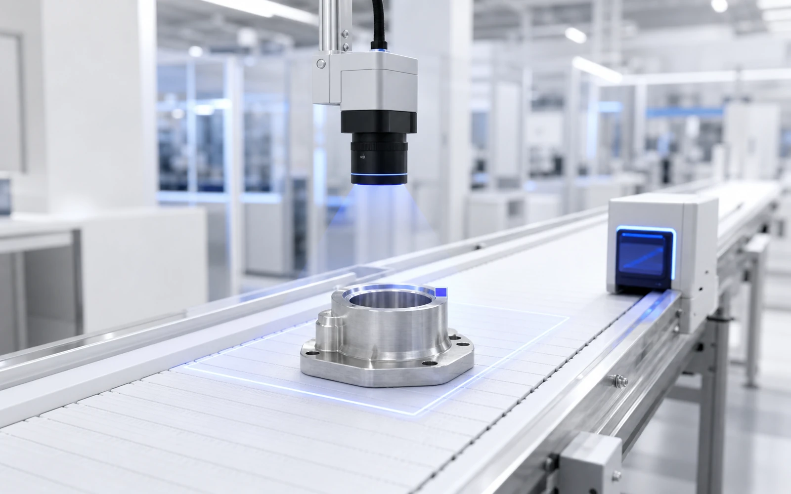 Computer vision system inspecting a metal part on a production line